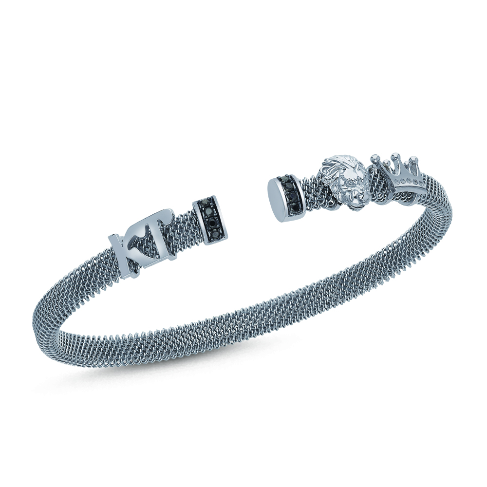 Altın, Aslan, Taç Figürlü Özel Harf Logolu Siyah Pırlantalı Tasarım Çelik Bileklik