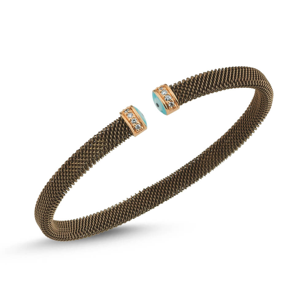 Altın ve Pırlantalı Mineli Gözlü Tasarım Yuvarlak Çelik Bileklik